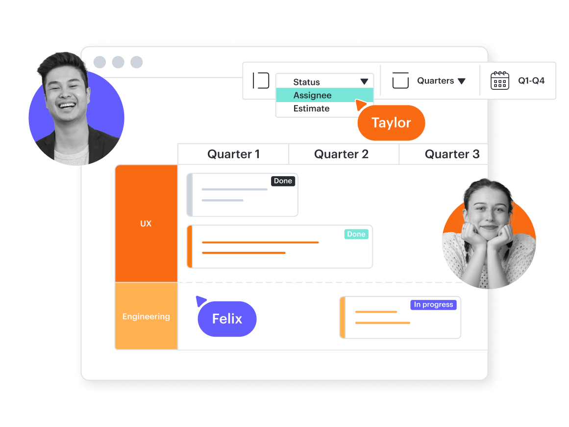A conceptual image showing project planning being organized by quarter and by team in Lucidchart