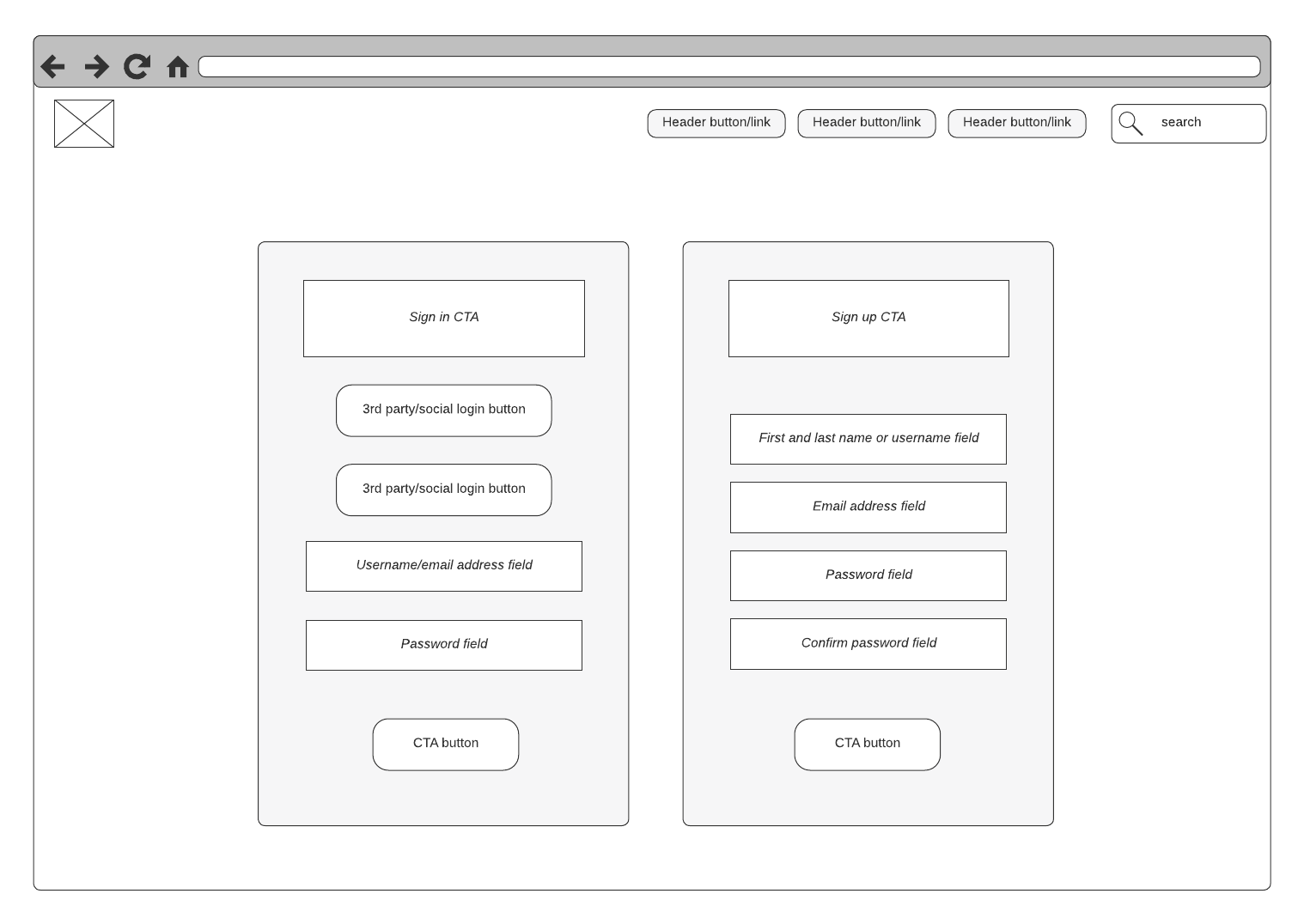 Login or sign-up page wireframe