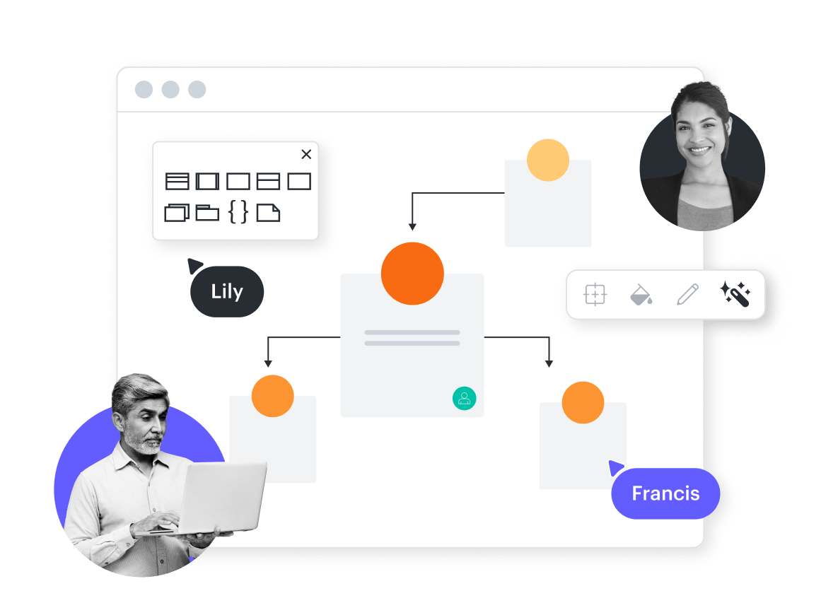 A conceptual image showing an org chart with the shapes menu open on the Lucidchart canvas