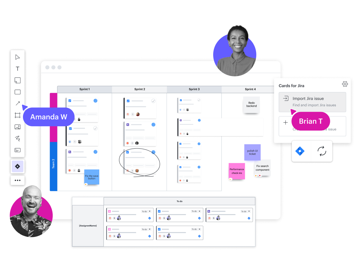 Une image conceptuelle d’un sprint planning utilisant des Cartes Lucid pour Jira dans Lucidspark