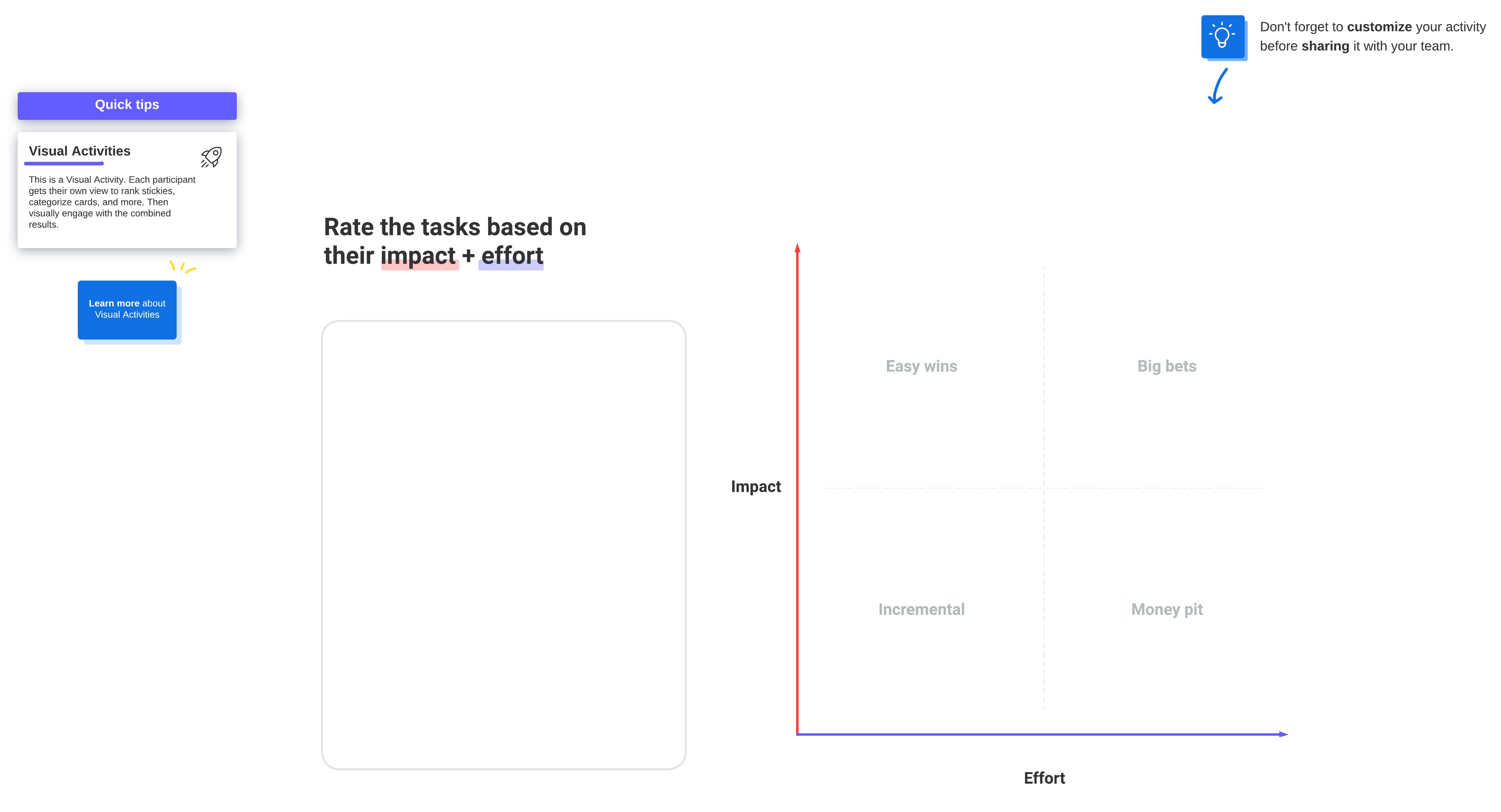 Use this Visual Activity to help your Agile team prioritize work items in a product backlog. Click to open the template in Lucid.