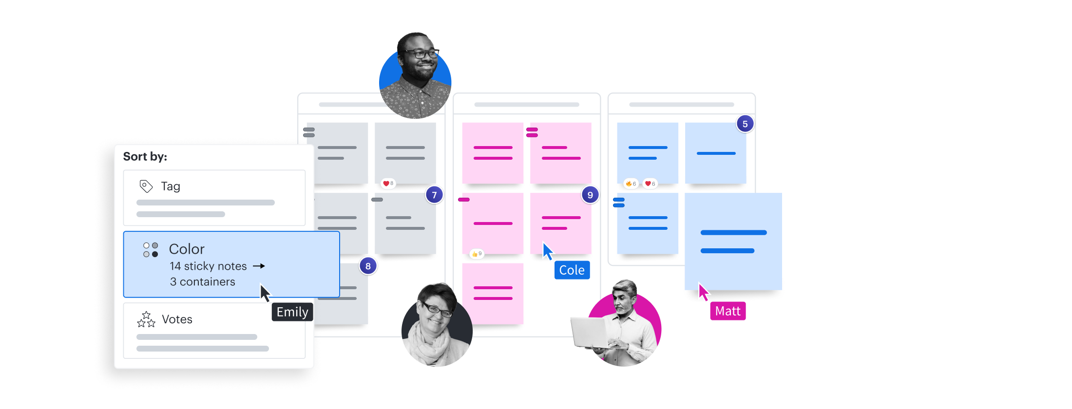 team sorting sticky notes on a Lucidspark board