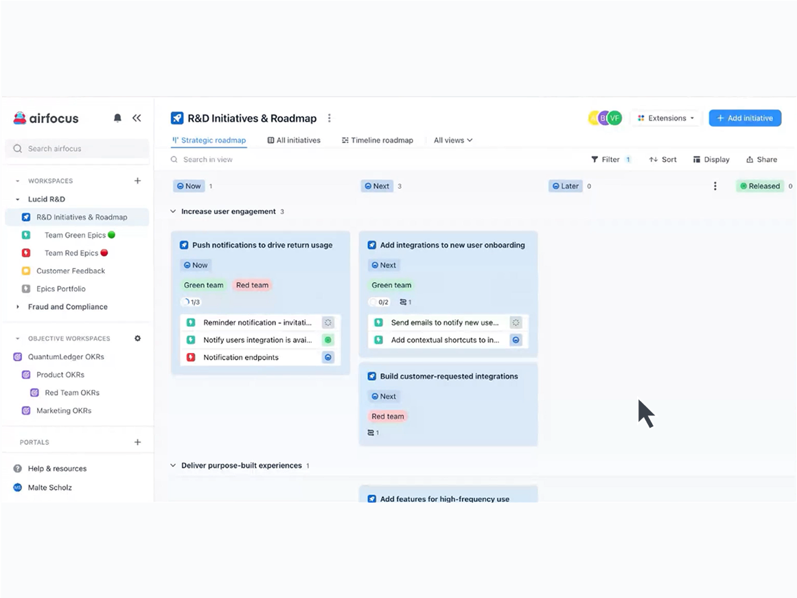 Exemple de roadmap dans airfocus
